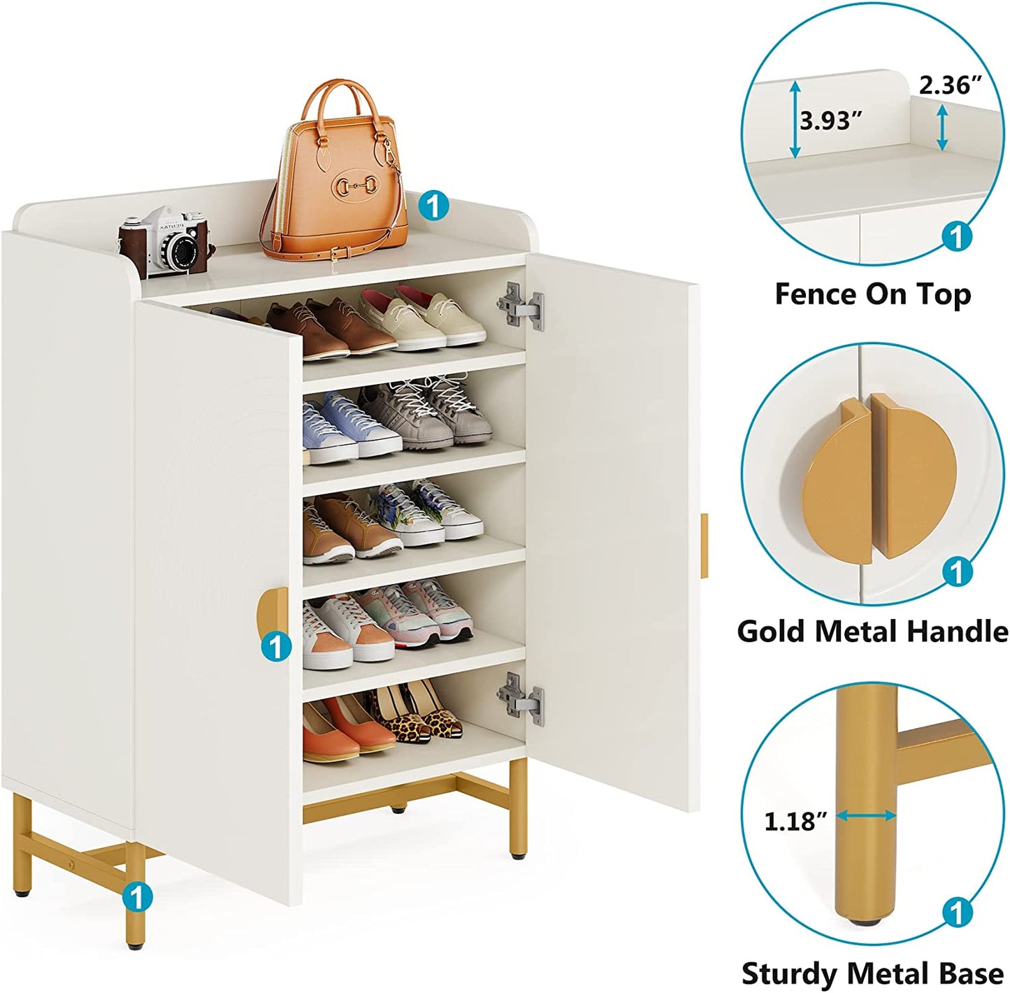 Wood Shoe Cabinet, Slim Shoe Organizer with Doors and Adjustable Shelves