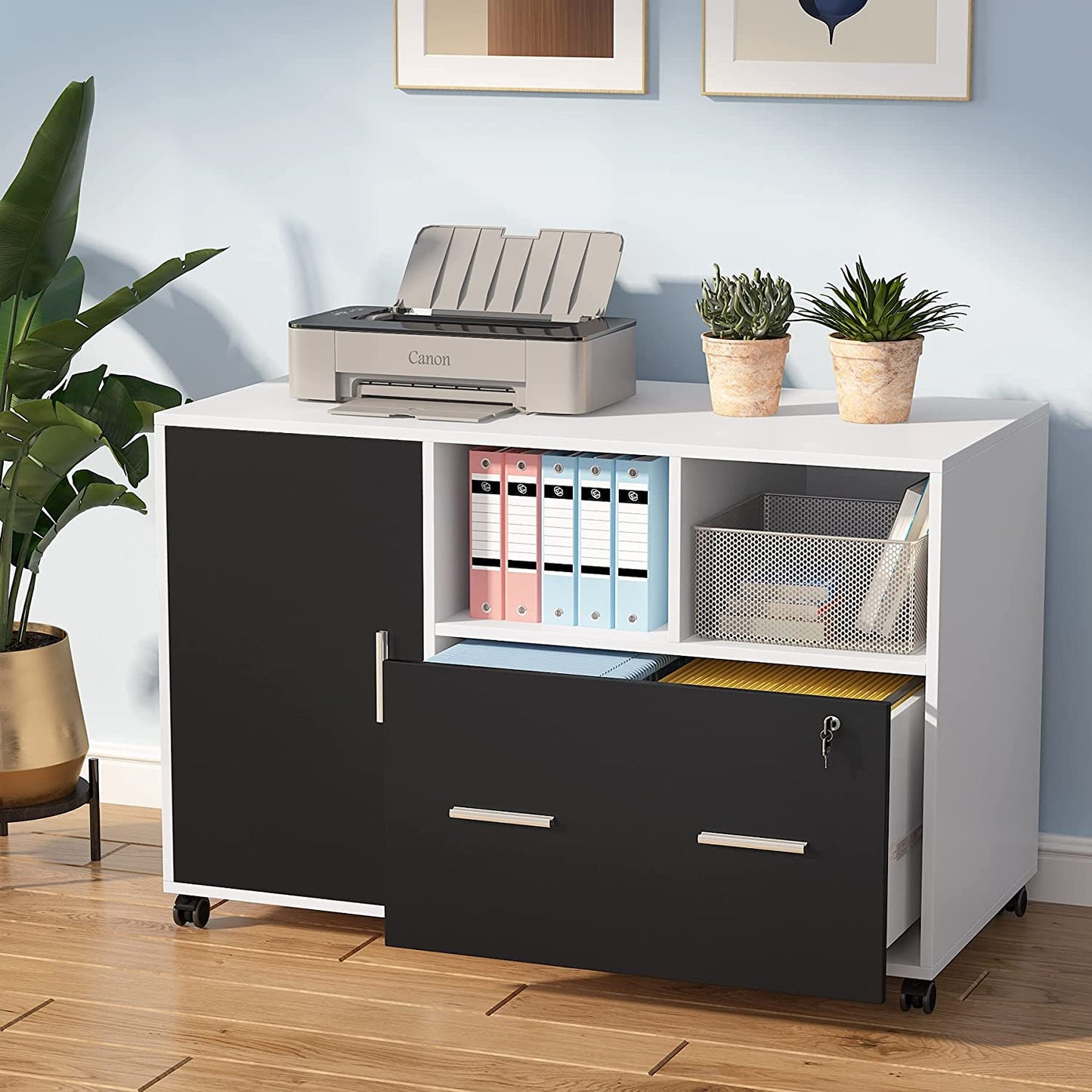 Lateral File Cabinet Printer Stand with Wheels and Shelves