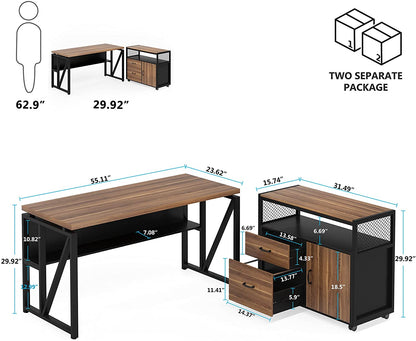 55" / 63" L-Shaped Executive Desk with Storage Shelves and Mobile File Cabinet