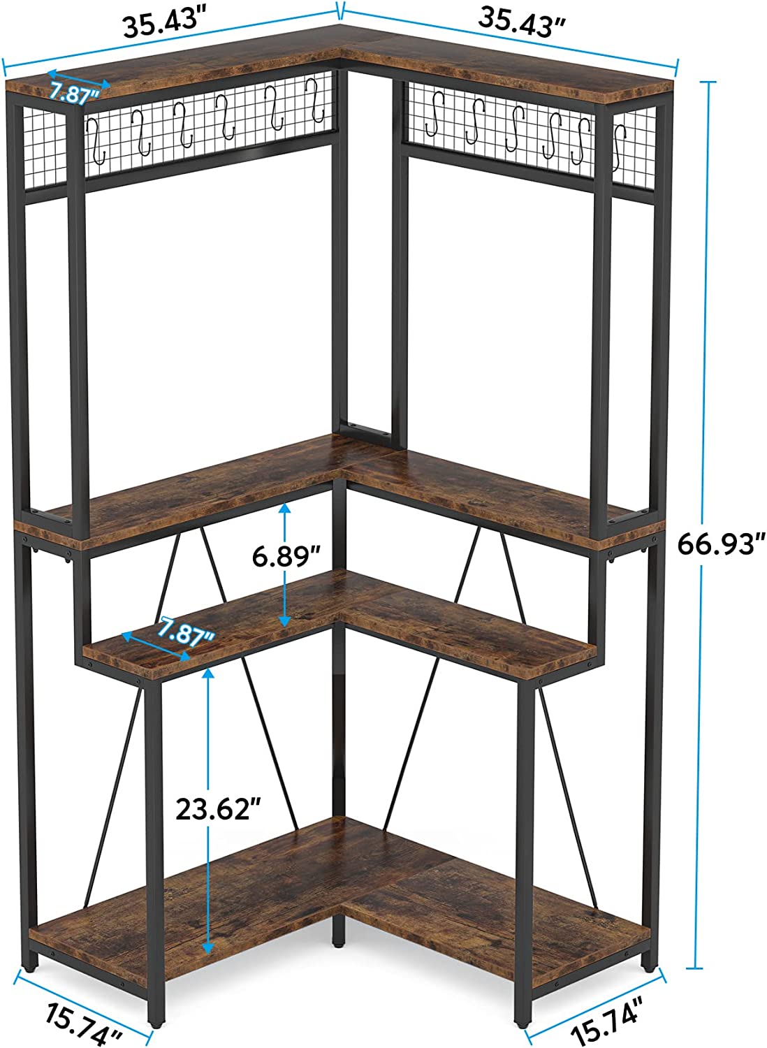 Corner Plant Stand, 67" Tall Flower Shelf with 15 Hanging Hooks