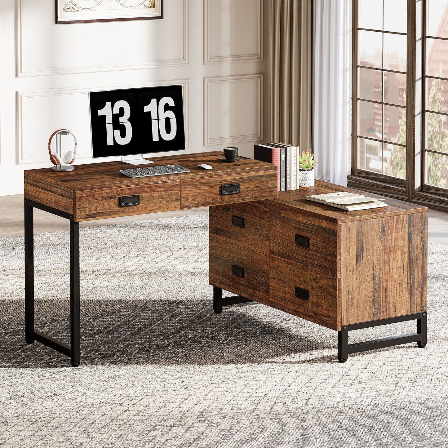 Wood Office Desk with 4-Drawer Cabinet