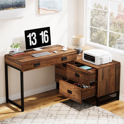 Wood Office Desk with 4-Drawer Cabinet