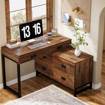 Wood Office Desk with 4-Drawer Cabinet