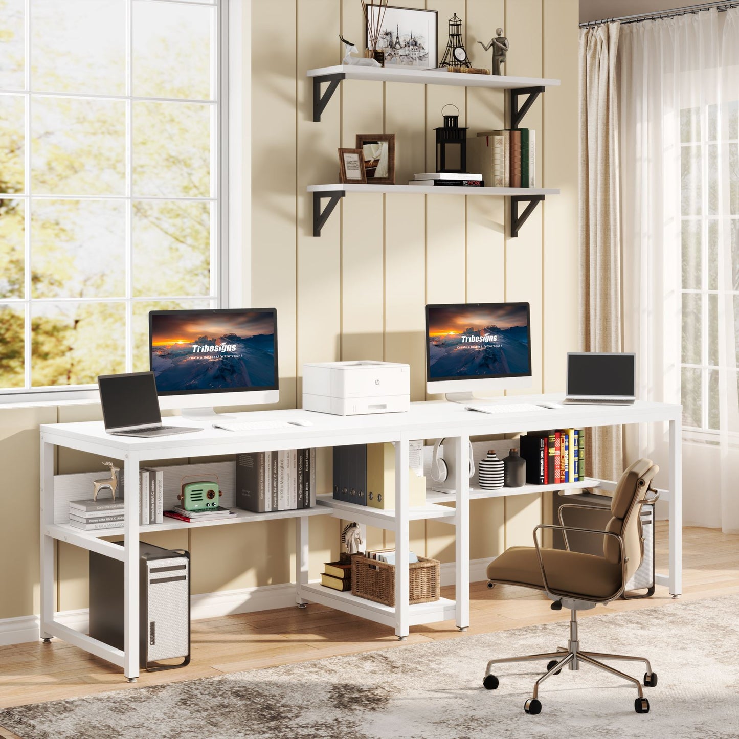 Two Person Desk Desk with Bookshelf