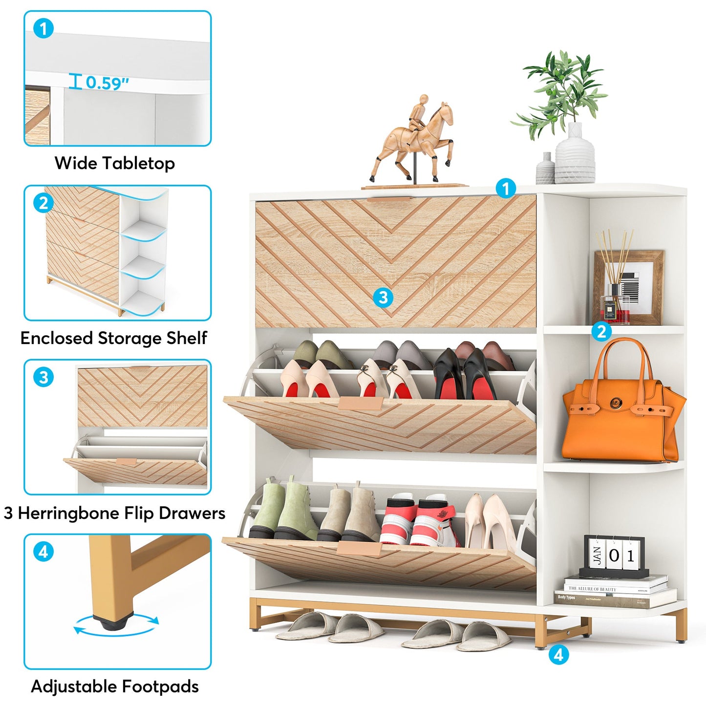 Modern Shoe Cabinet, Shoe Organizer with 3 Flip Drawers & Open Shelves