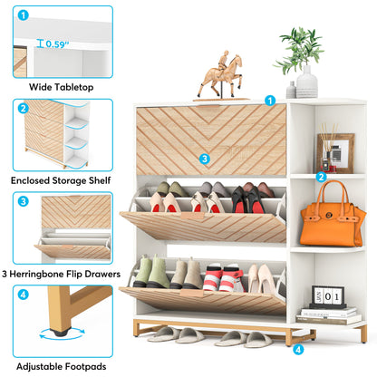 Modern Shoe Cabinet, Shoe Organizer with 3 Flip Drawers & Open Shelves