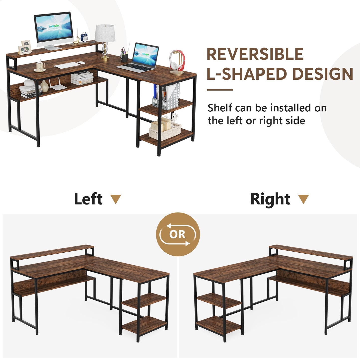 59" Corner Desk with Shelves & Monitor Stand