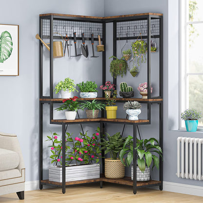 Corner Plant Stand, 67" Tall Flower Shelf with 15 Hanging Hooks