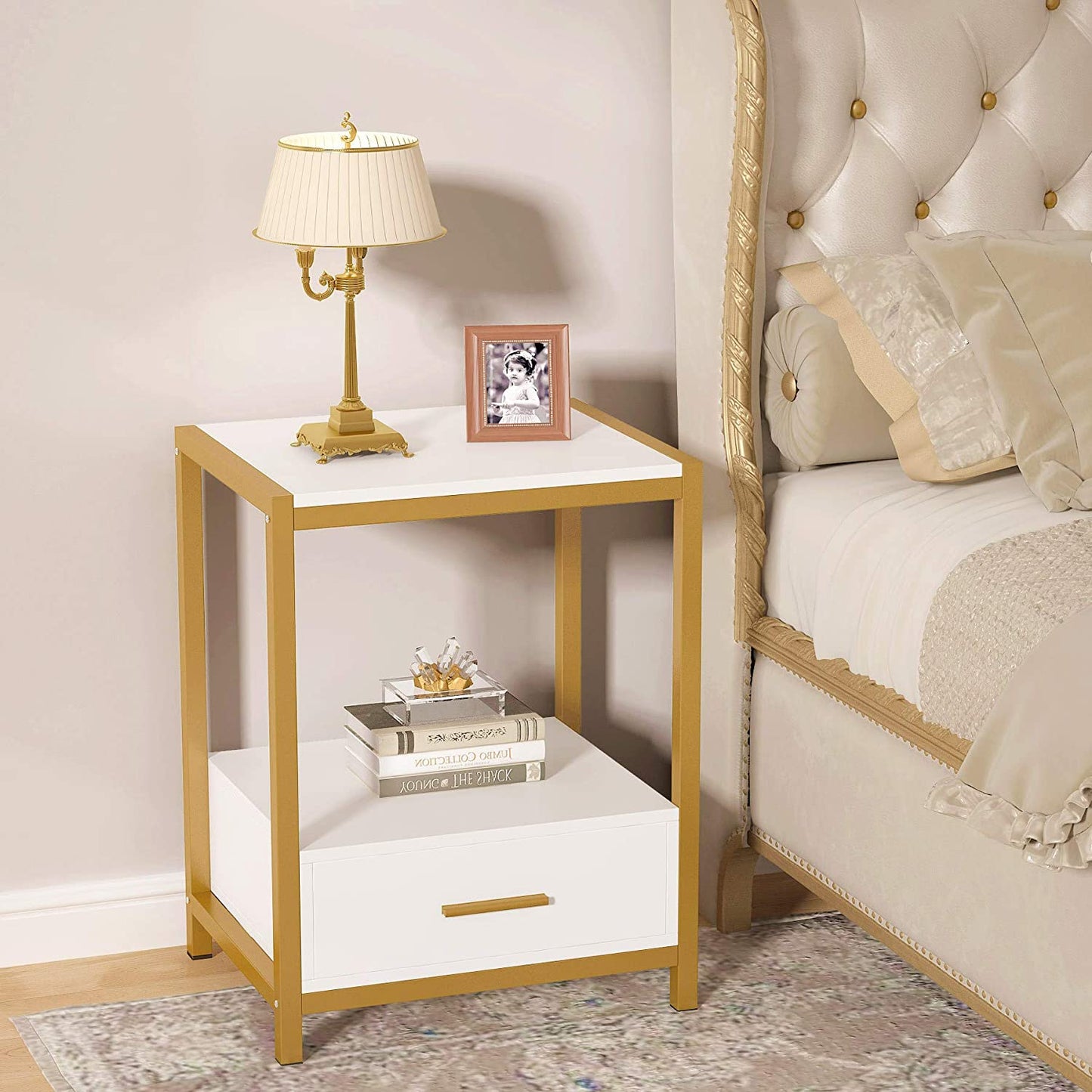 Tall End Side Table with Drawer & Storage Shelf