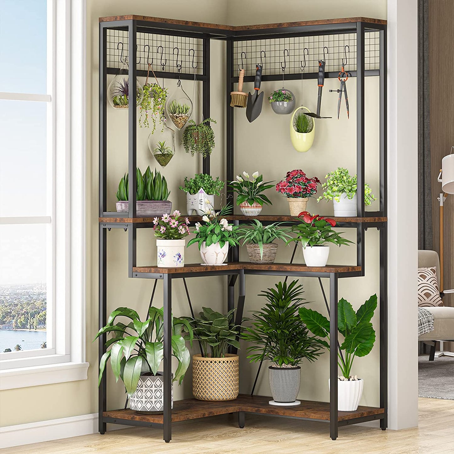 Corner Plant Stand, 67" Tall Flower Shelf with 15 Hanging Hooks