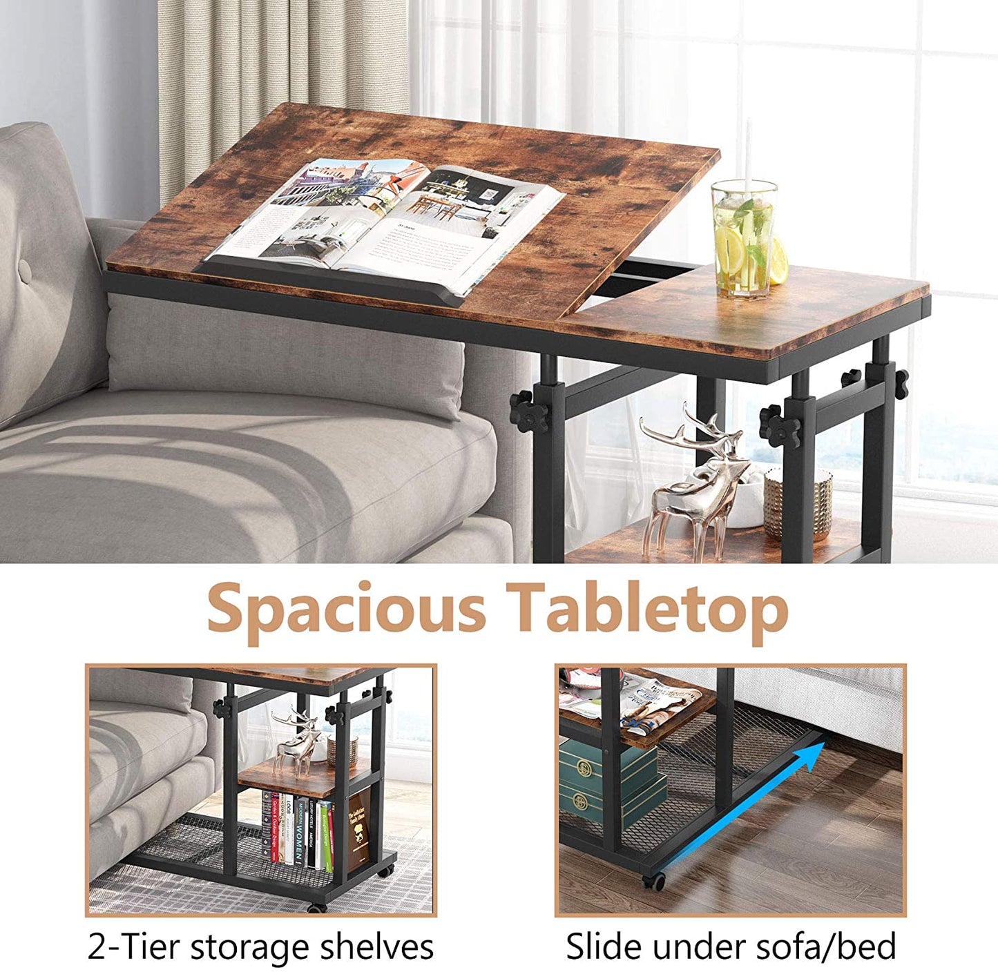 Mobile Side Table with Tiltable Drawing Board