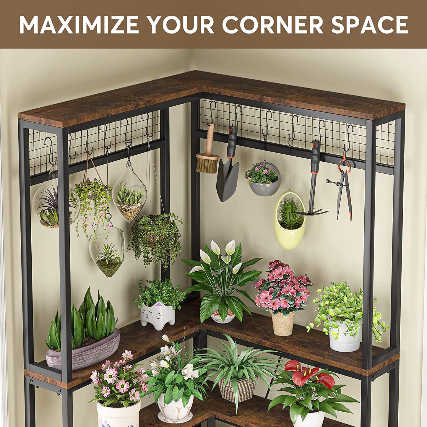 Corner Plant Stand, 67" Tall Flower Shelf with 15 Hanging Hooks