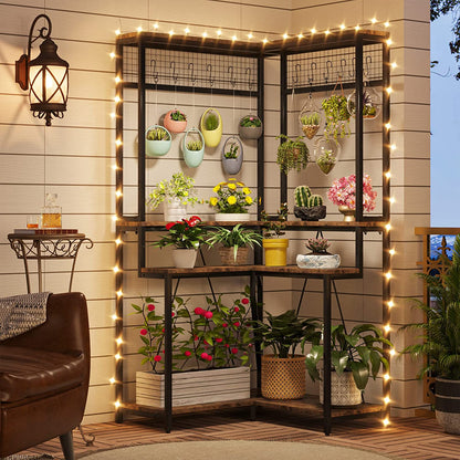 Corner Plant Stand, 67" Tall Flower Shelf with 15 Hanging Hooks