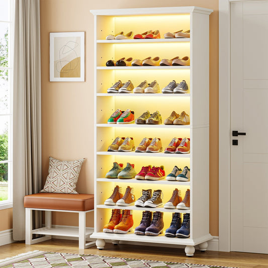 9-Tier Wood Shoe Cabinet Rack with LED Lighting & Solid Wood Legs