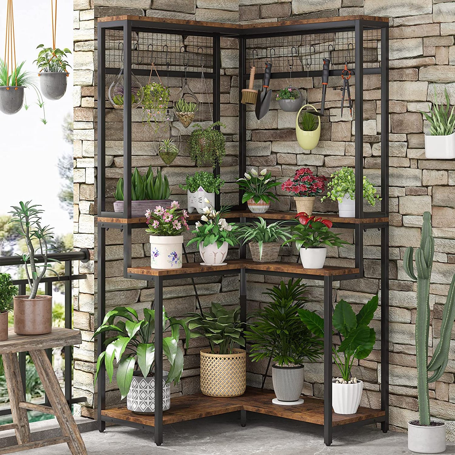 Corner Plant Stand, 67" Tall Flower Shelf with 15 Hanging Hooks