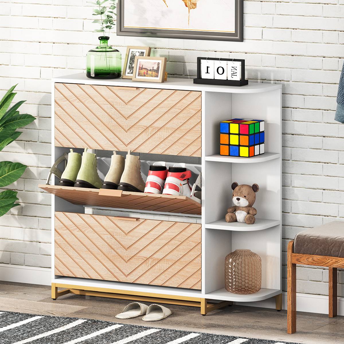 Modern Shoe Cabinet, Shoe Organizer with 3 Flip Drawers & Open Shelves