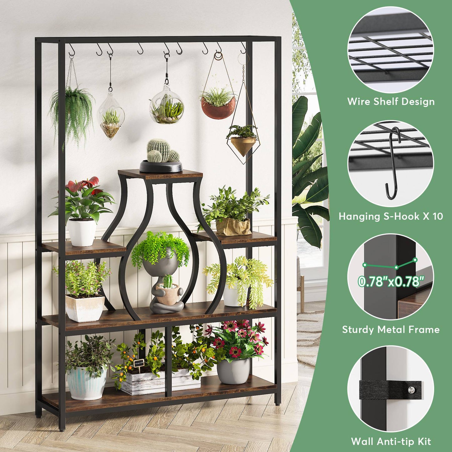 70.9" Plant Stand Flower Bonsai Pots Display Rack with 10 Hanging Hooks