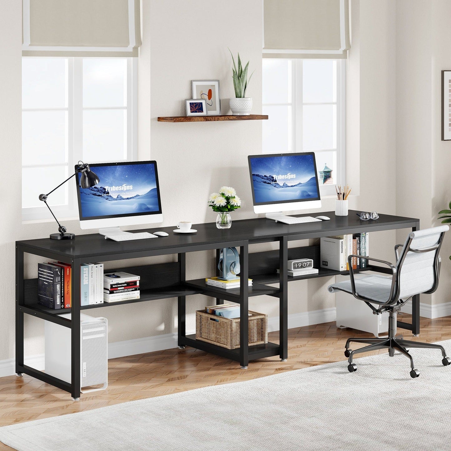 Two Person Desk Desk with Bookshelf