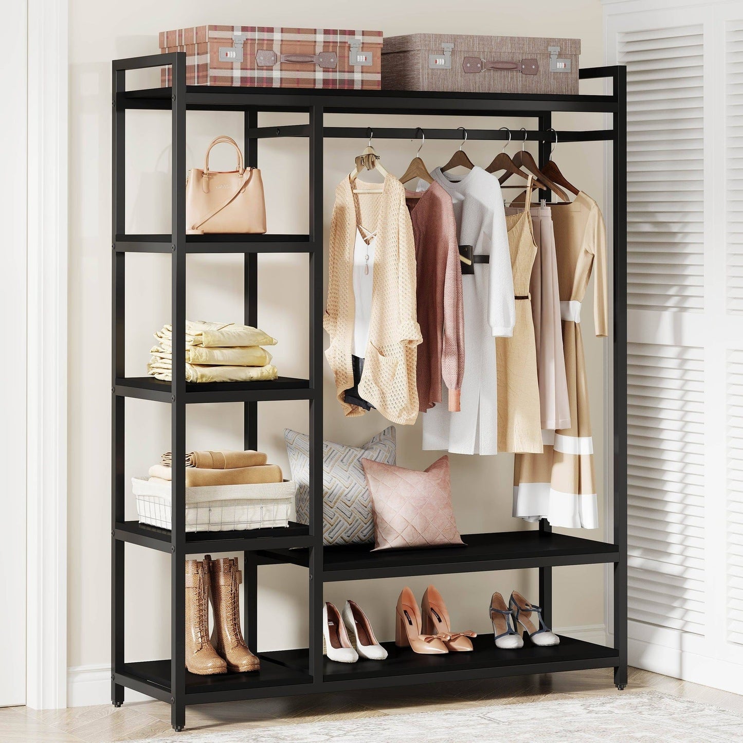 Closet Organizer with 6 Shelves and Hanging Bar