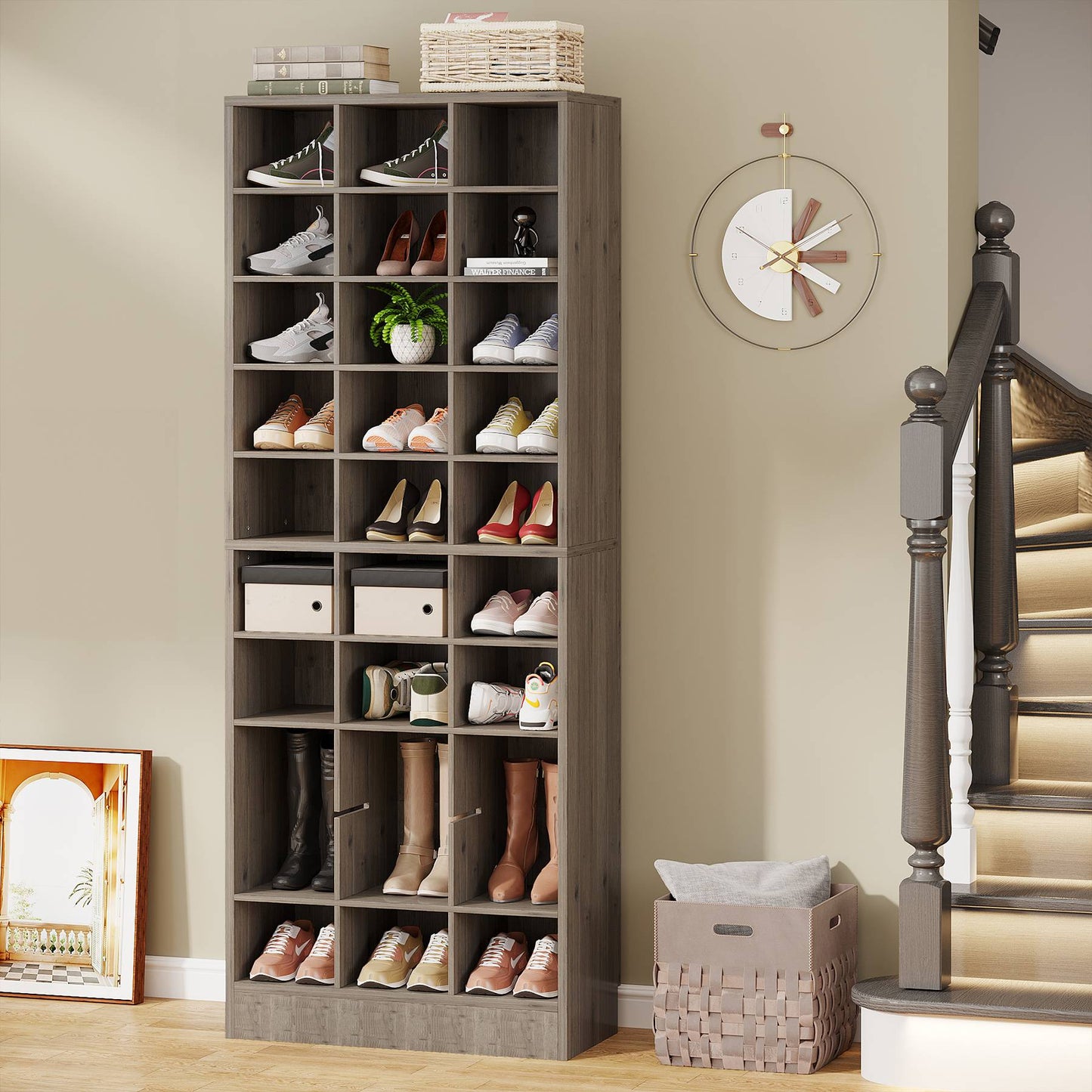 10-Tier Shoe Cabinet, Wooden Shoe Storage Rack with 30 Cubbies