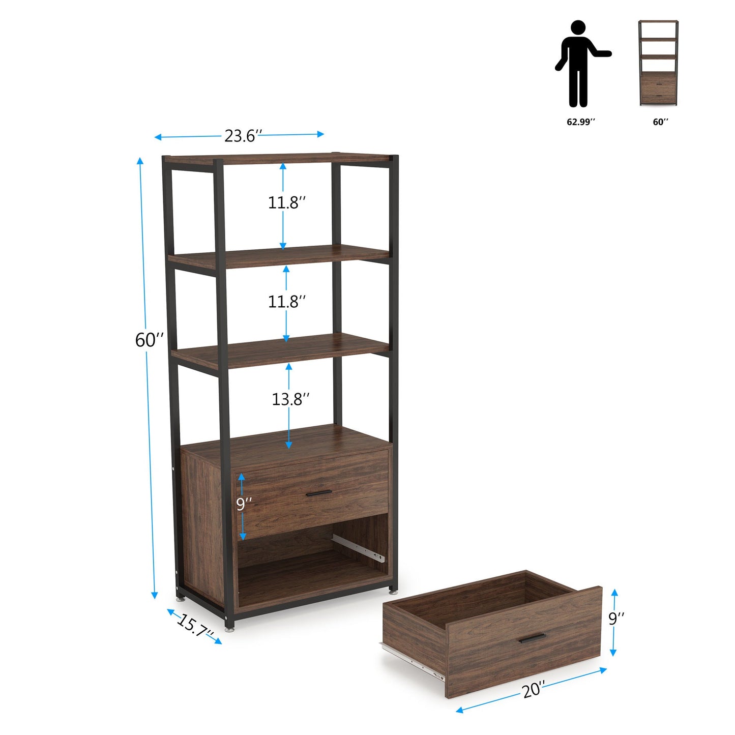 Rustic Bookshelf with 2 Drawers