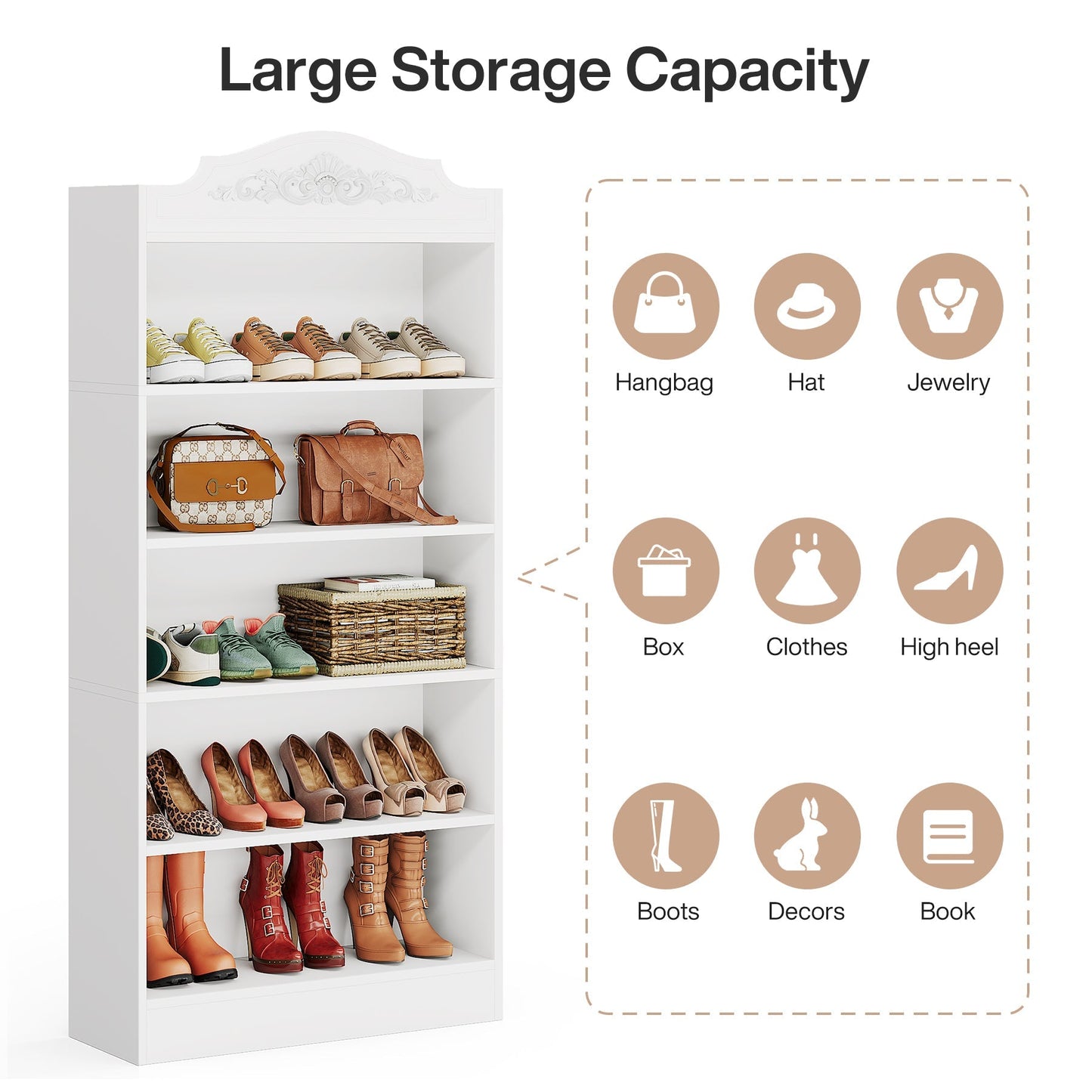 Freestanding Shoe Cabinet, 72.8" Wood 5 Tiers Shoe Storage Rack