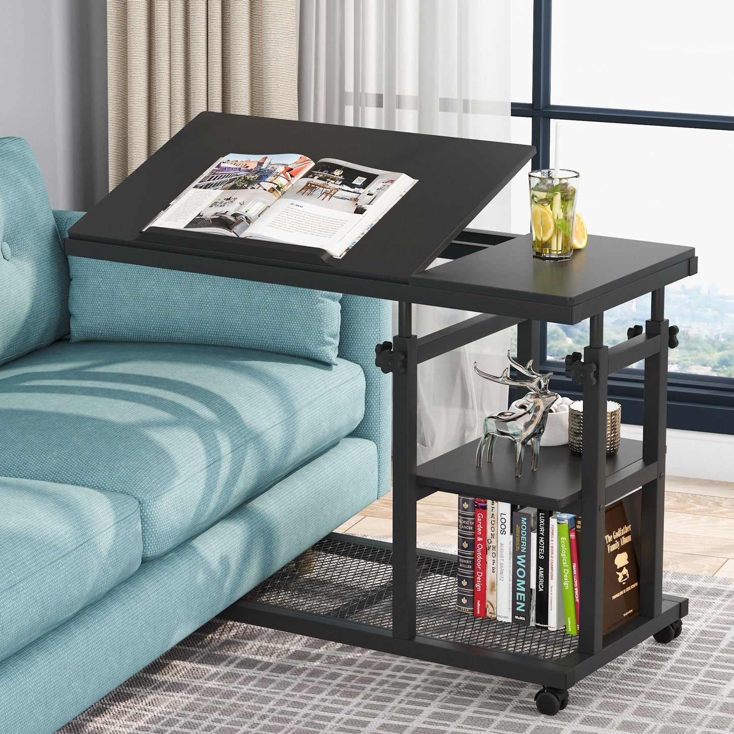 Mobile Side Table with Tiltable Drawing Board