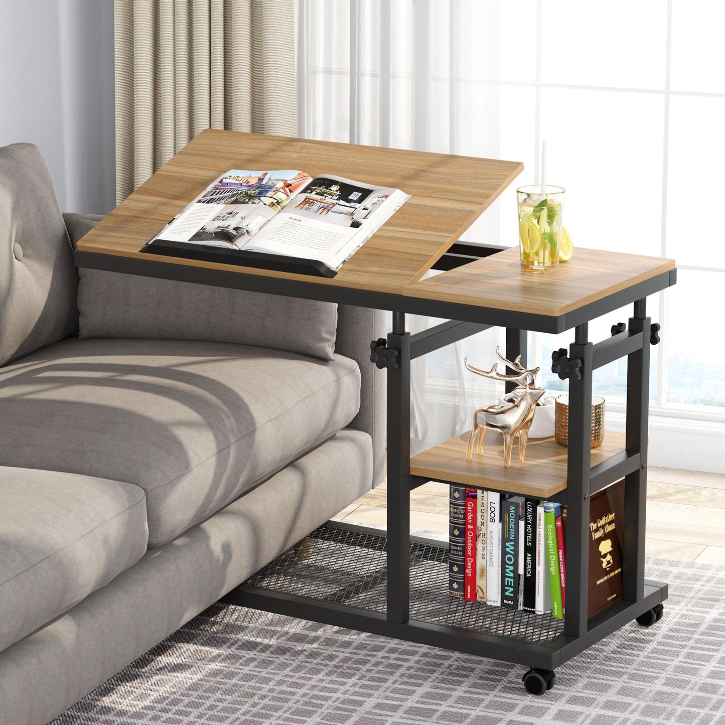 Mobile Side Table with Tiltable Drawing Board