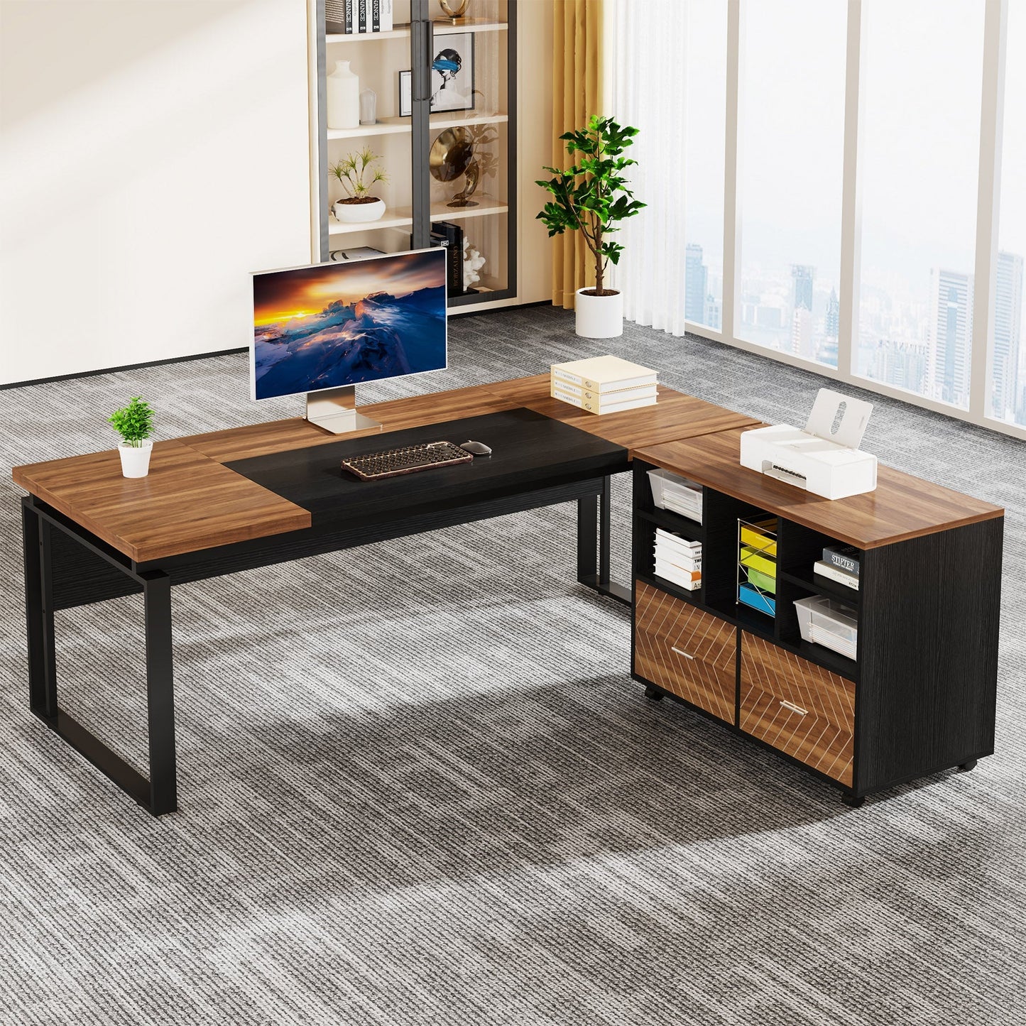 63" Computer Desk with Mobile File Cabinet