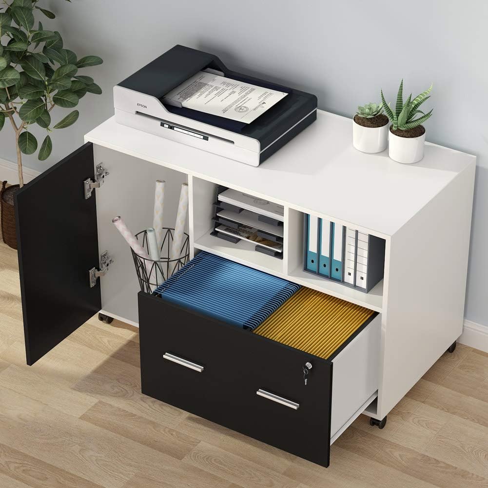 Lateral File Cabinet Printer Stand with Wheels and Shelves