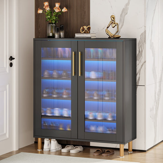 Modern Shoe Cabinet, 5-Tier Shoe Organizer with LED Light & Acrylic Doors