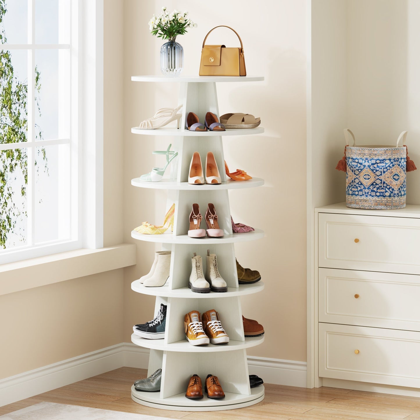 Rotating Shoe Rack, 7-Tier Revolving 24 Pairs Shoe Storage Shelf Tower