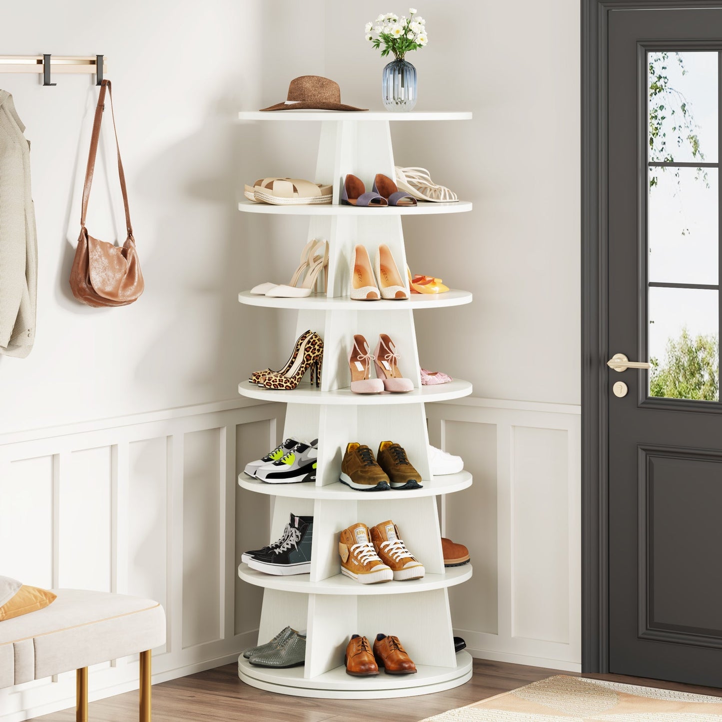 Rotating Shoe Rack, 7-Tier Revolving 24 Pairs Shoe Storage Shelf Tower