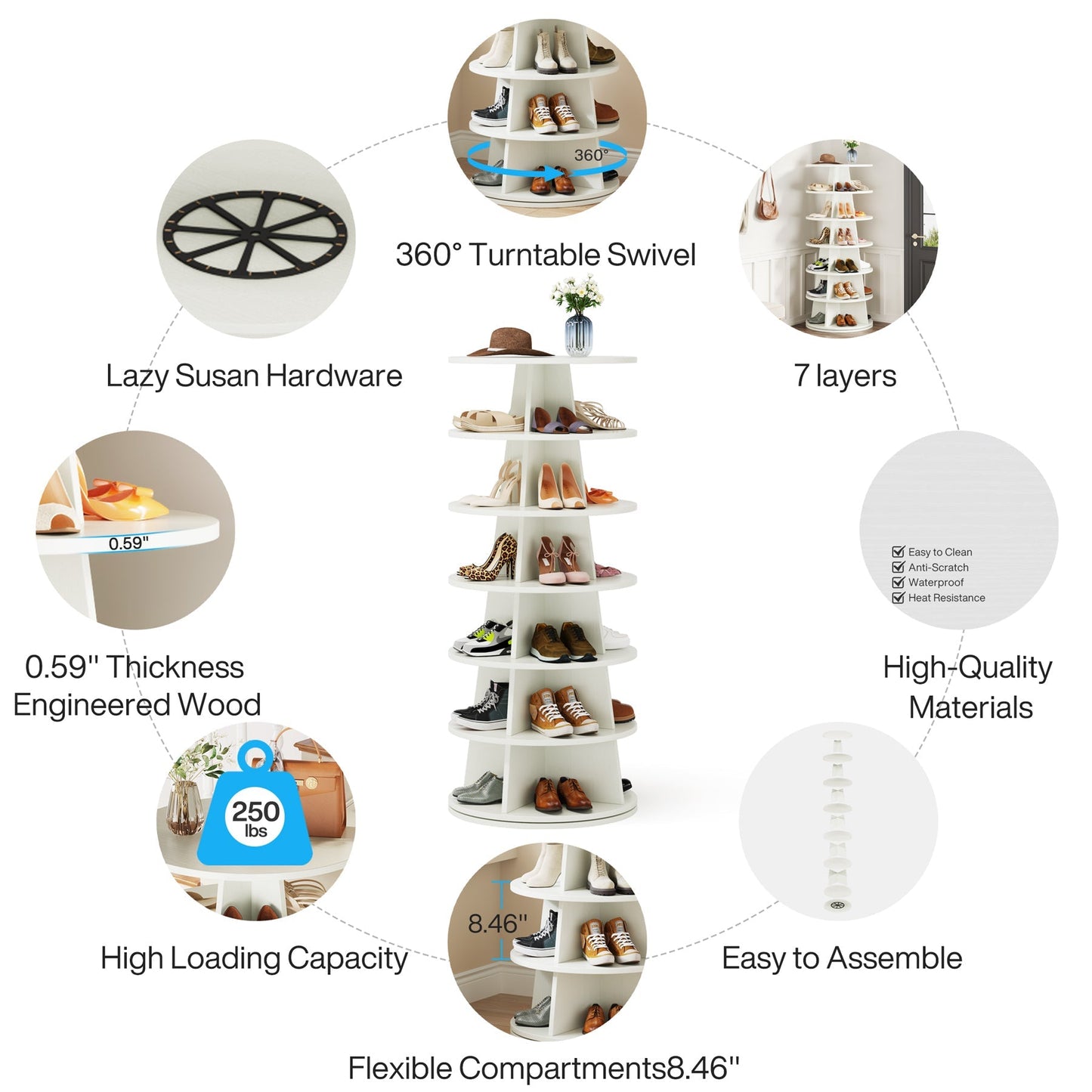 Rotating Shoe Rack, 7-Tier Revolving 24 Pairs Shoe Storage Shelf Tower