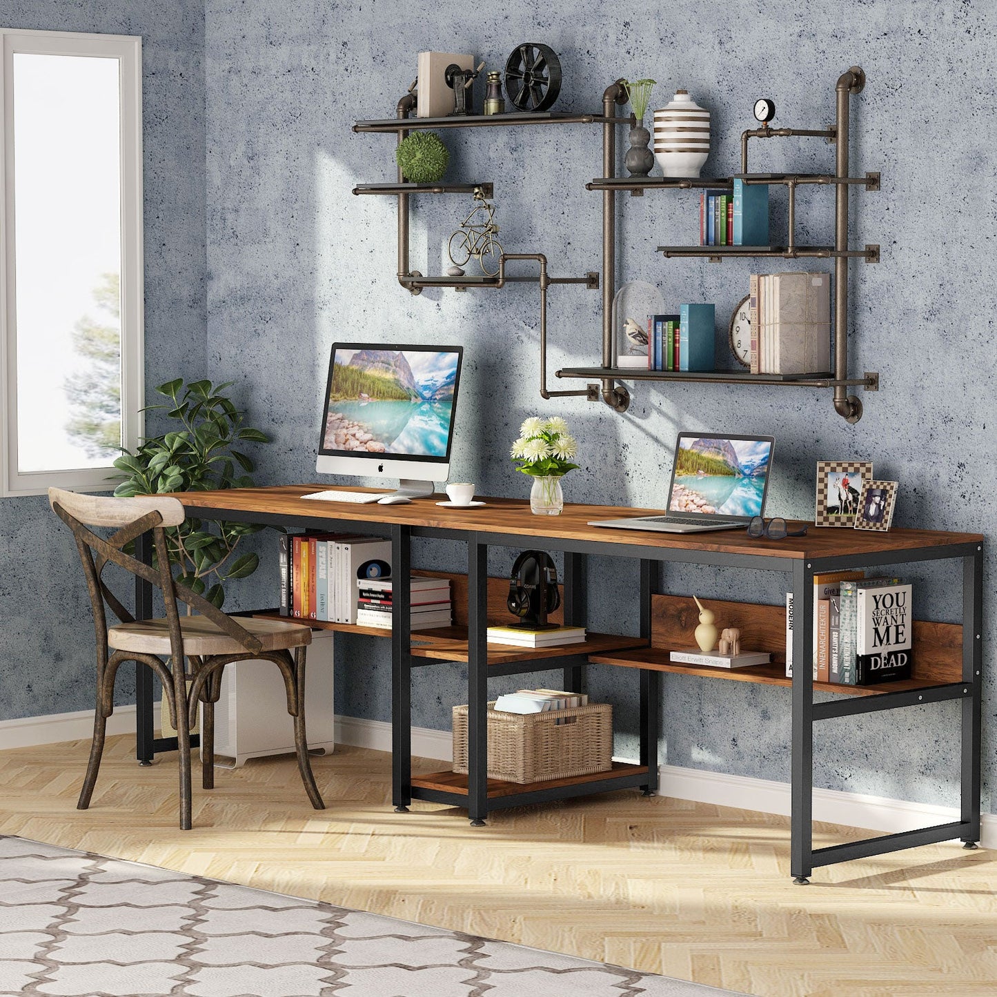 Two Person Desk Desk with Bookshelf