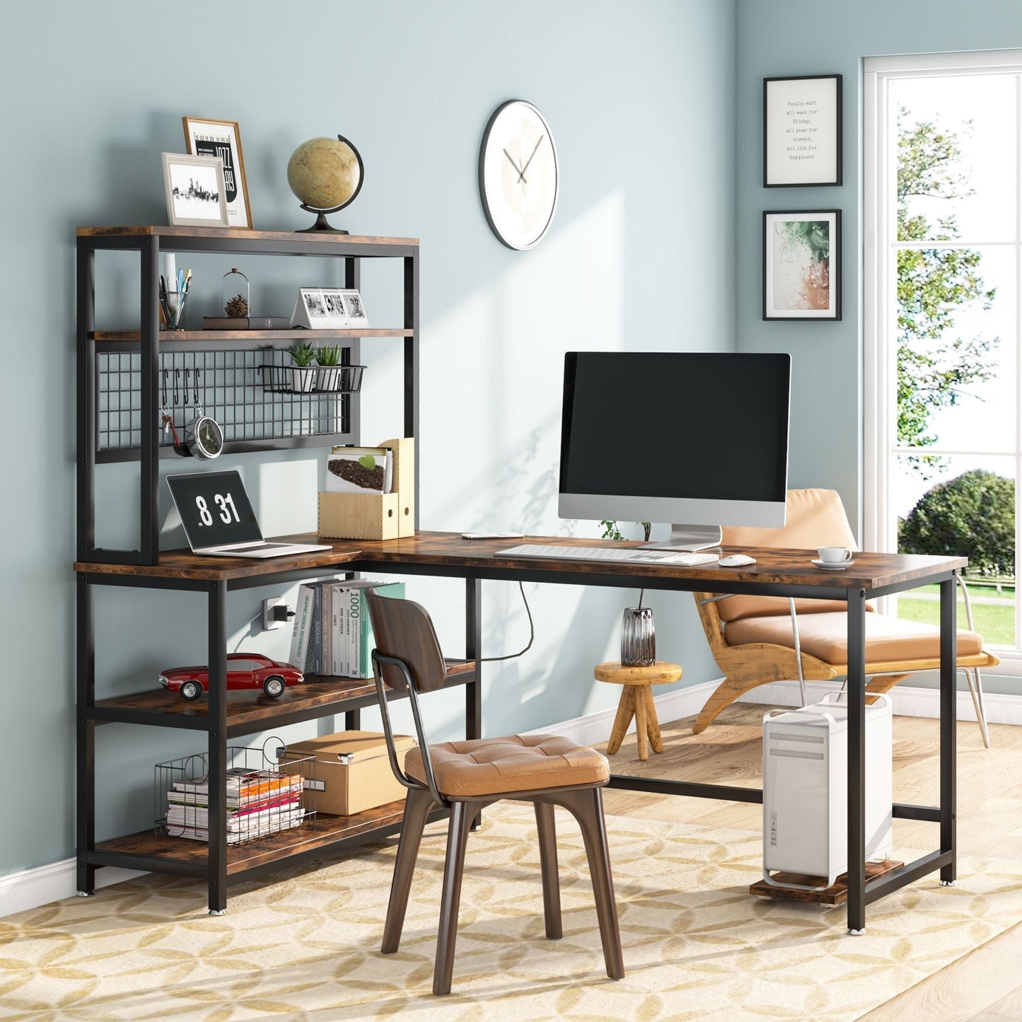 55" Reversible L-Shaped Desk with Wireless Charging & Shelves