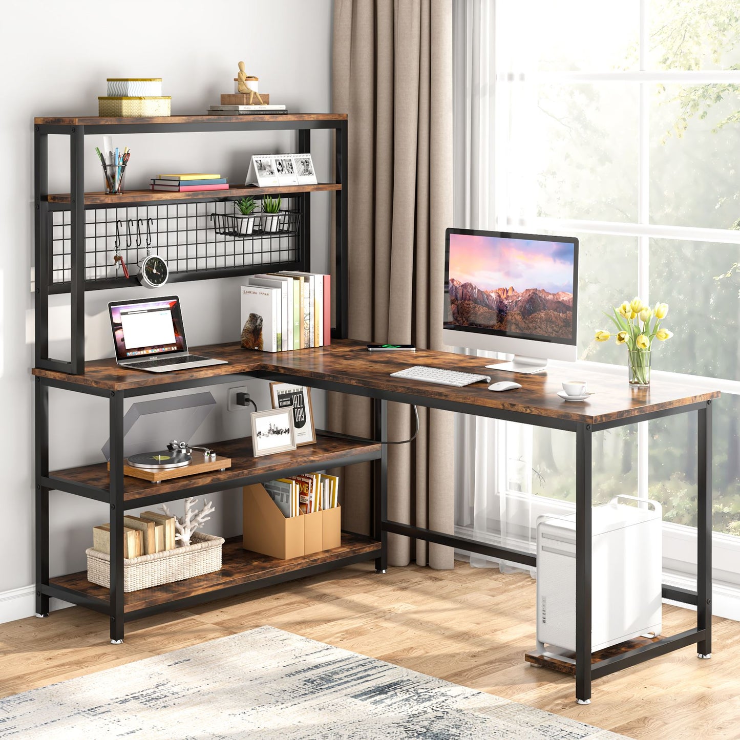 55" Reversible L-Shaped Desk with Wireless Charging & Shelves