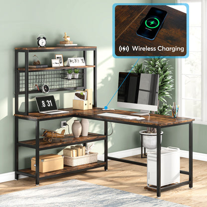 55" Reversible L-Shaped Desk with Wireless Charging & Shelves