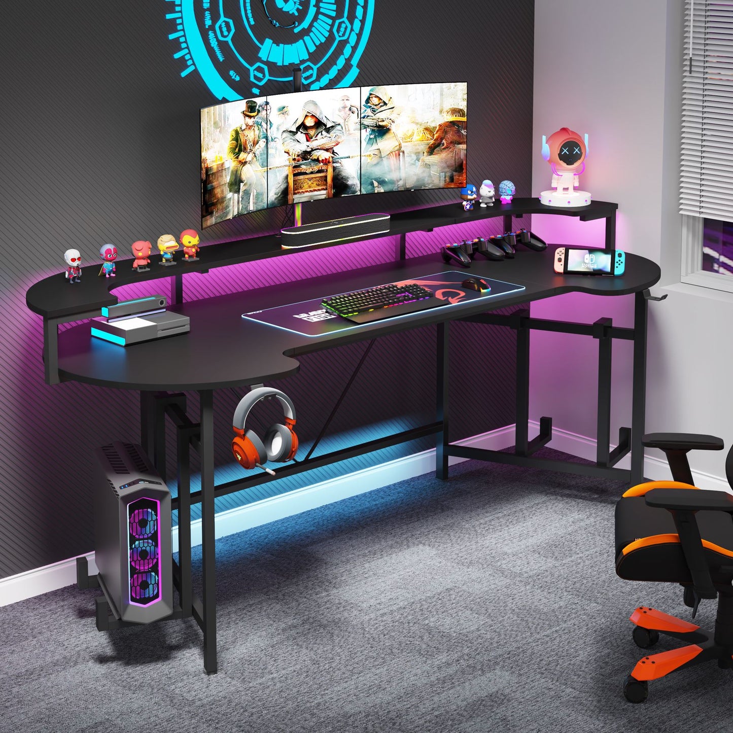 Gaming Desk with LED Strip & Monitor Shelf