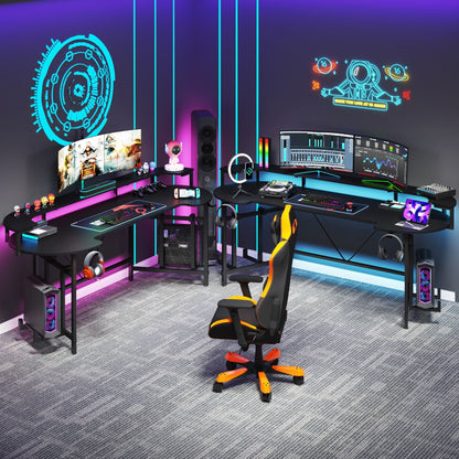 Gaming Desk with LED Strip & Monitor Shelf