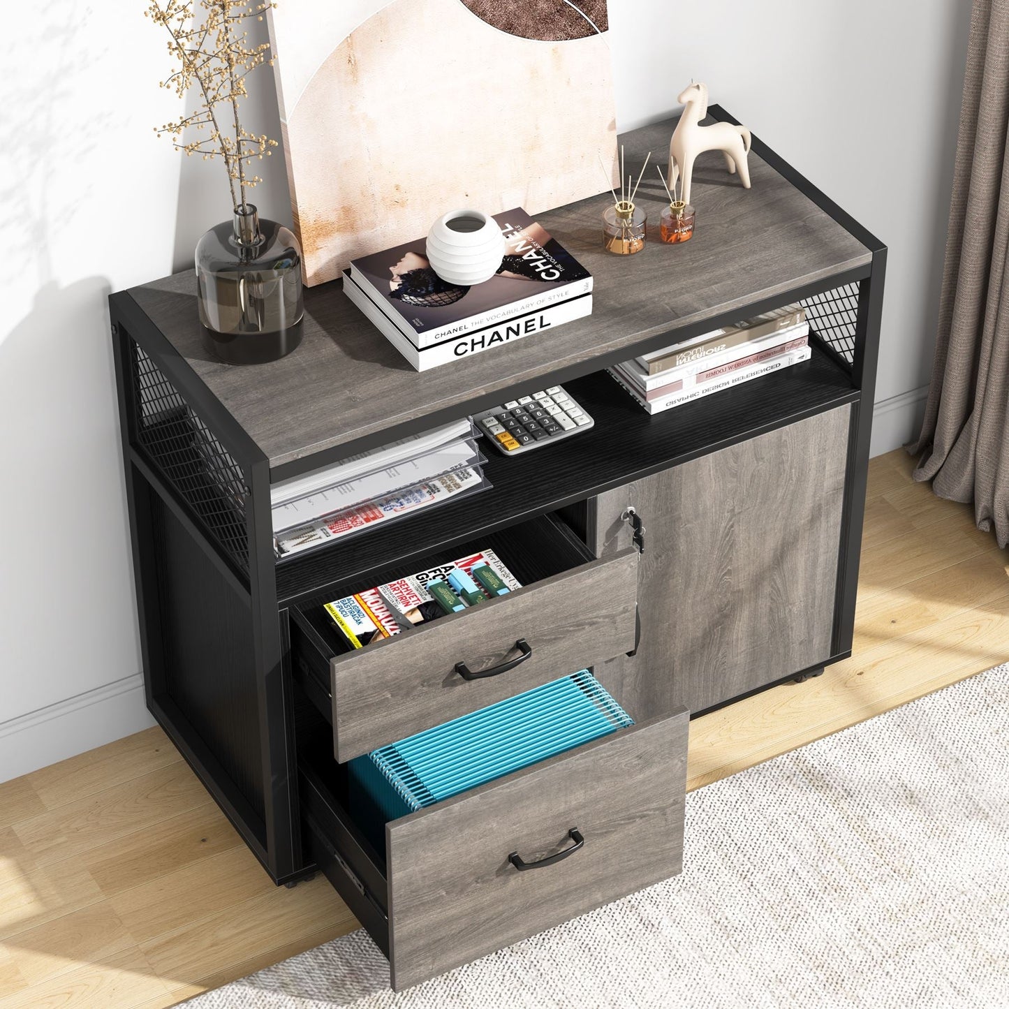 Lockable File Cabinet Printer Stand with Drawers & Caster