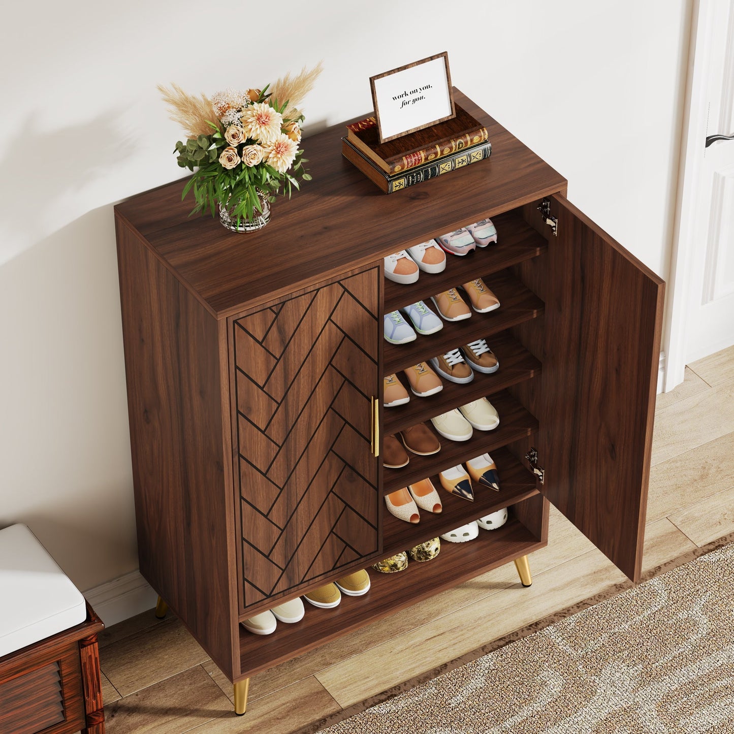 Wooden Shoe Cabinet, 6-Tier Shoe Organizer with Adjustable Shelves