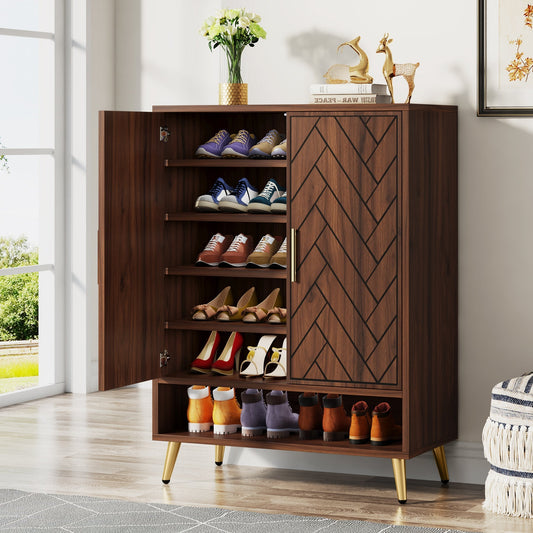 Wooden Shoe Cabinet, 6-Tier Shoe Organizer with Adjustable Shelves