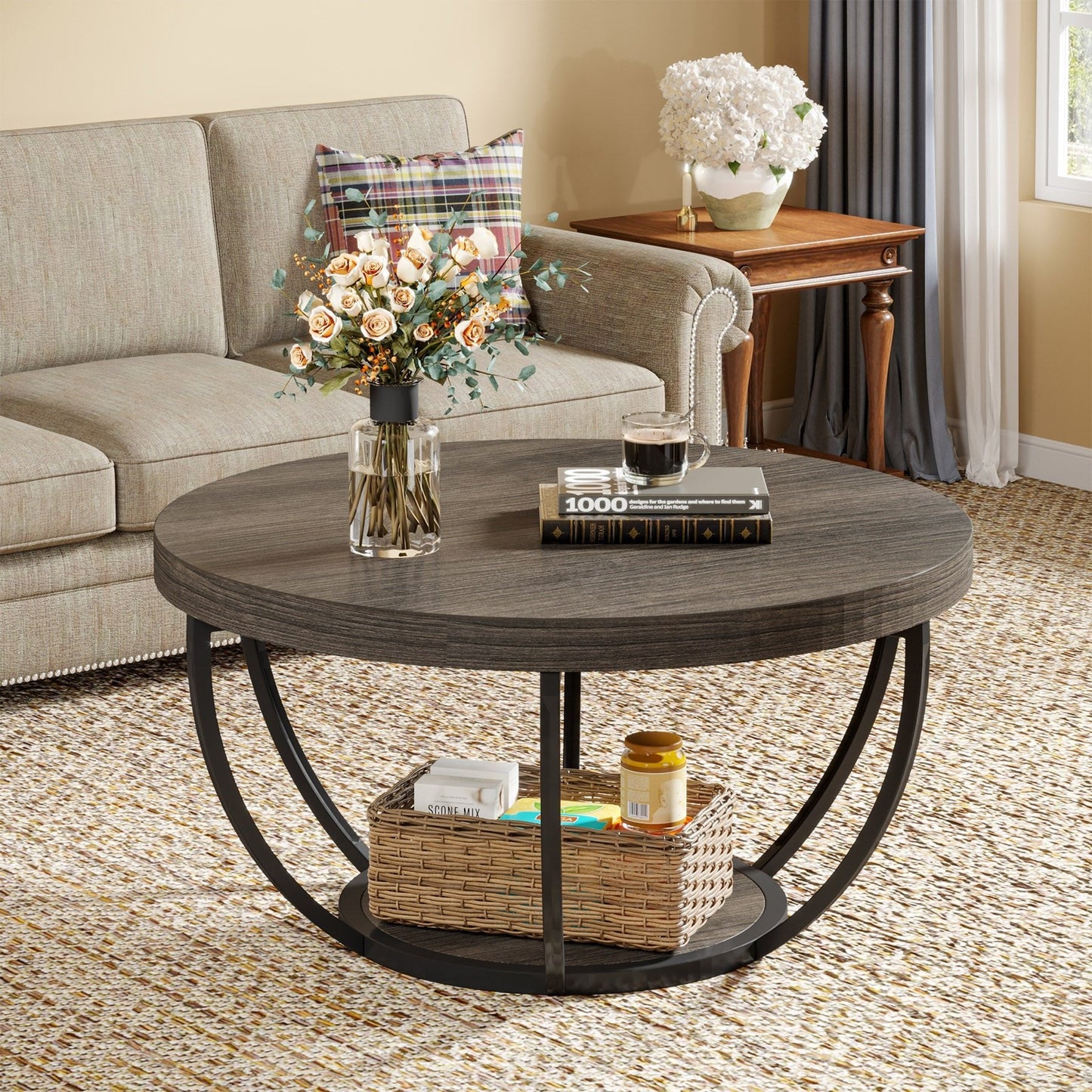 Round Central Cocktail Table with Shelves